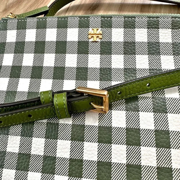 TORY BURCH | Blake Green White Gingham Crossbody Double Zip 3 Compartment Bag - Picture 12 of 12